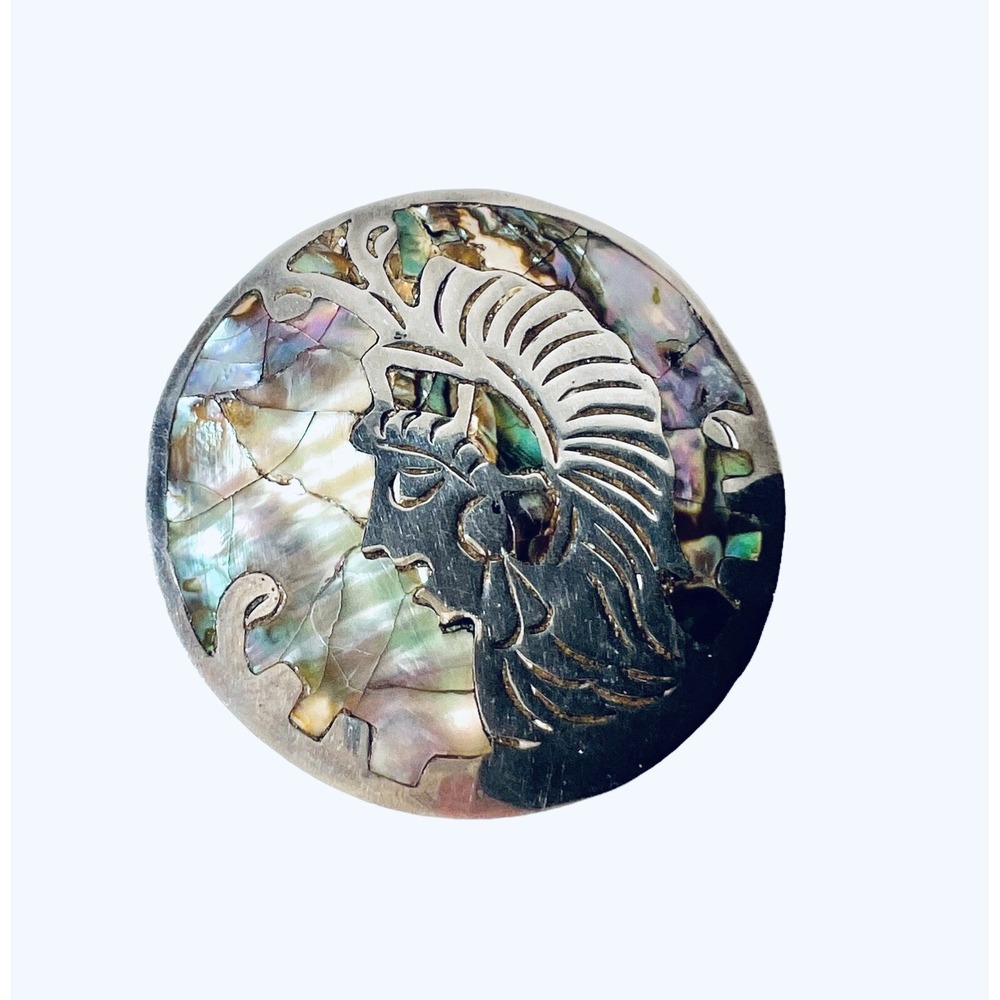Vintage Sterling Silver  & Mother of pearl Chief Round Brooch Taxco 925 Mexico